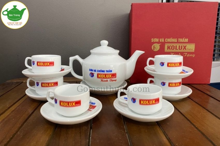 Bộ ấm chén dáng Vuông Hongkong in logo sơn Kolux